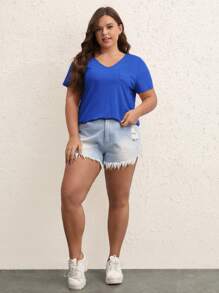 SHEIN BASICS Plus Solid Pocket Patched Tee - Royal Blue - View 4