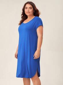SHEIN BASICS Plus Solid Batwing Sleeve Tee Dress - Royal Blue - View 4