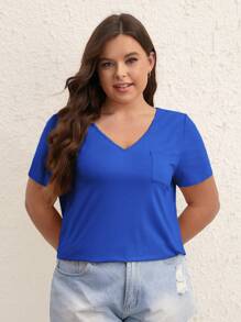 SHEIN BASICS Plus Solid Pocket Patched Tee - Royal Blue - View 7