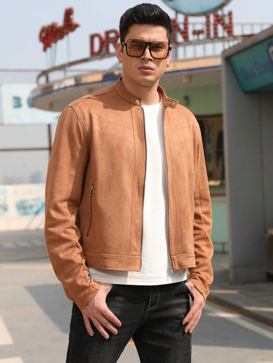 Men Zip Up Faux Suede Jacket - Camel - View 1