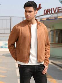 Men Zip Up Faux Suede Jacket - Camel - View 3