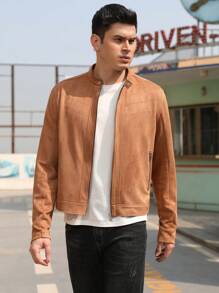 Men Zip Up Faux Suede Jacket - Camel - View 4