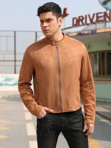 Men Zip Up Faux Suede Jacket - Camel - View 6