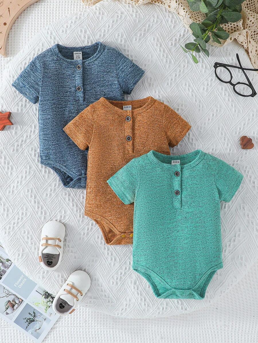 SHEIN Baby Boy 3-Piece Solid Color Half-Buttoned Short Sleeve Bodysuit Set - Multicolor - View 1