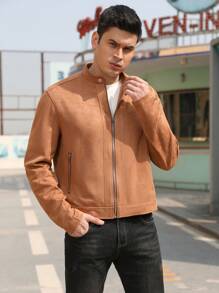Men Zip Up Faux Suede Jacket - Camel - View 9
