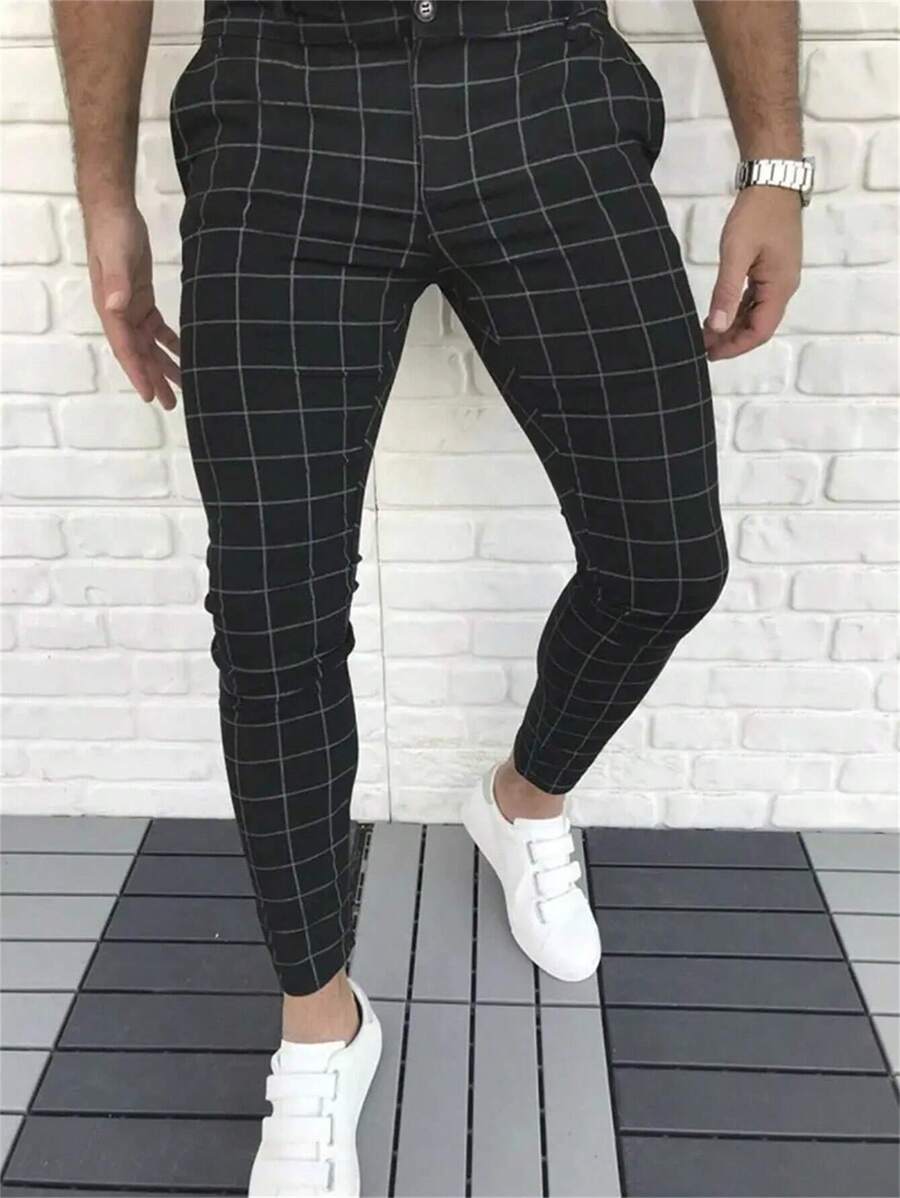 Hombres Pantalones de traje con estampado de cuadros con bolsillo oblicuo - Negro - Ver 1