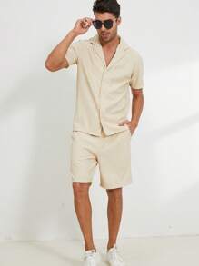 NITAGUT Men Solid Lapel Neck Shirt & Shorts - Apricot - View 3