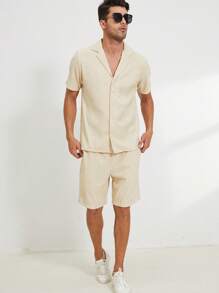 NITAGUT Men Solid Lapel Neck Shirt & Shorts - Apricot - View 4