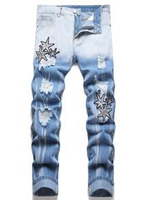 Men Star Patched Ripped Jeans - Light Wash - View 1