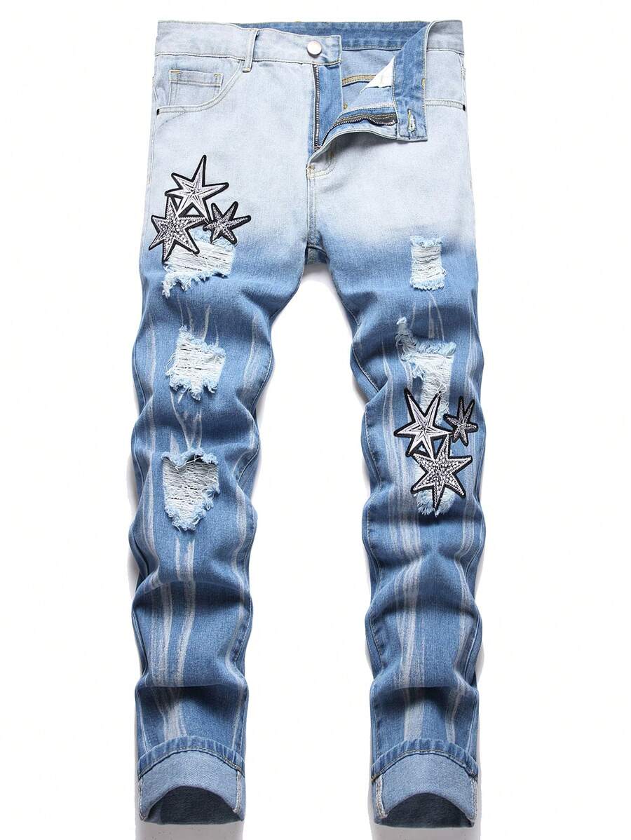 Men Star Patched Ripped Jeans - Light Wash - View 1