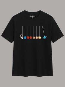 Manfinity Dauomo Men Cotton Cartoon Planet Print Tee - Black - View 1