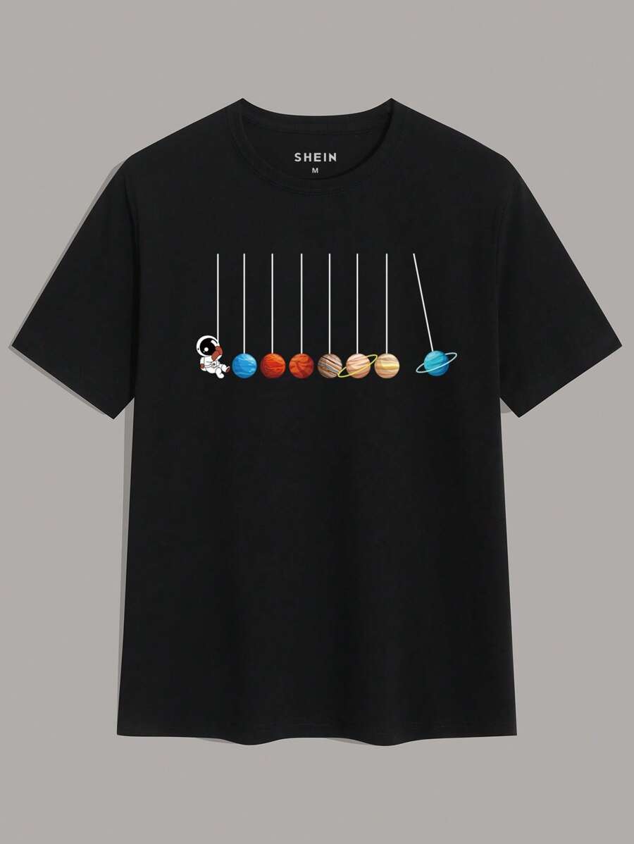 Manfinity Dauomo Men Cotton Cartoon Planet Print Tee - Black - View 1