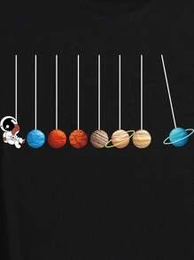 Manfinity Dauomo Men Cotton Cartoon Planet Print Tee - Black - View 3