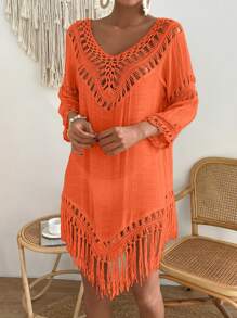 SHEIN Swim Women's Solid Color Hollow Out Tassel Hem Cover Up For Summer Beach Vacation - Burnt Orange - View 3