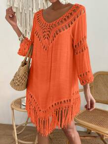 SHEIN Swim Women's Solid Color Hollow Out Tassel Hem Cover Up For Summer Beach Vacation - Burnt Orange - View 5