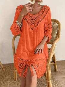 SHEIN Swim Women's Solid Color Hollow Out Tassel Hem Cover Up For Summer Beach Vacation - Burnt Orange - View 6