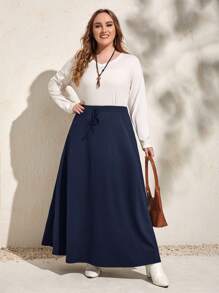 EMERY ROSE Plus Solid High Waist A-line Skirt - Navy Blue - View 4