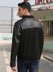 Men Zip Up Drop Shoulder Flap Pocket Jacket - Black - View 2
