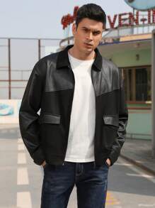 Men Zip Up Drop Shoulder Flap Pocket Jacket - Black - View 3