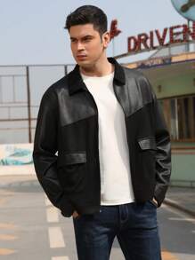 Men Zip Up Drop Shoulder Flap Pocket Jacket - Black - View 4