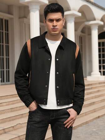 Men Contrast Panel Button Up Faux Suede Jacket