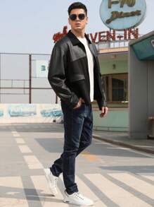 Men Zip Up Drop Shoulder Flap Pocket Jacket - Black - View 5