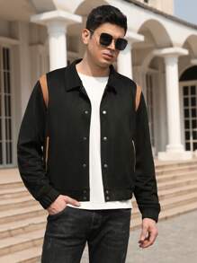 Men Contrast Panel Button Up Faux Suede Jacket - Black - View 7