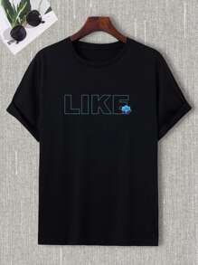 男士花和標語圖案T恤 - 黑色 - 查看 2