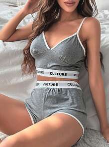 字母圖案撞色滾邊吊帶背心和短褲睡衣套裝 - 淺灰色 - 查看 1