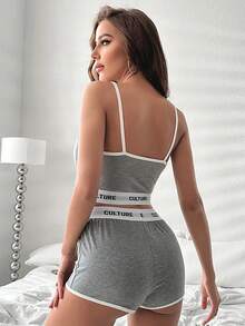 字母圖案撞色滾邊吊帶背心和短褲睡衣套裝 - 淺灰色 - 查看 2