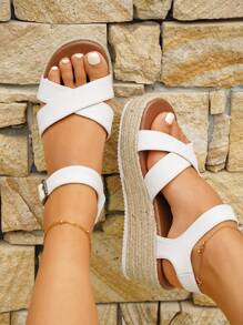 女士交叉踝帶度假白色坡跟涼鞋 - 白色 - 查看 4
