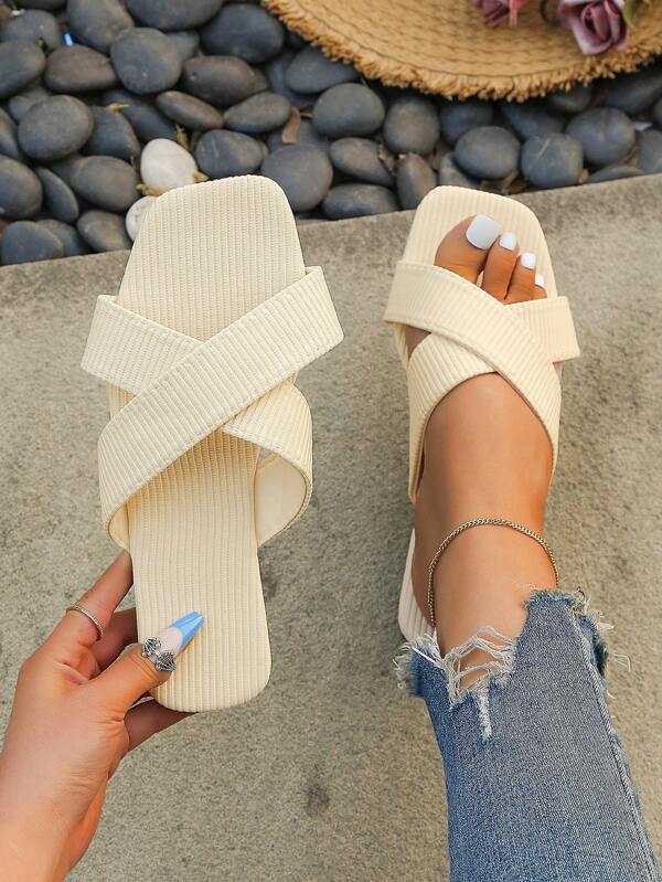 Fashion Beige Slide Sandals For Women, Cross Strap Sandals SHEIN USA