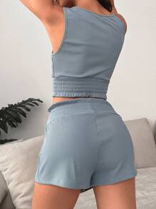 Solid Tank Top & Paperbag Waist Shorts Lounge Set - Dusty Blue - View 2