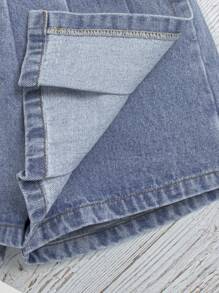 青少女單色百褶細節牛仔裙短褲 - 中等水洗藍 - 查看 4