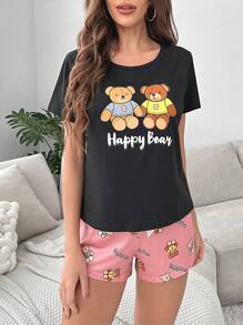 熊和字母圖案前繫帶睡衣套裝 - 彩色 - 查看 4