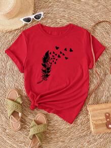 SHEIN LUNE Butterfly & Feather Print Tee - Red - View 1