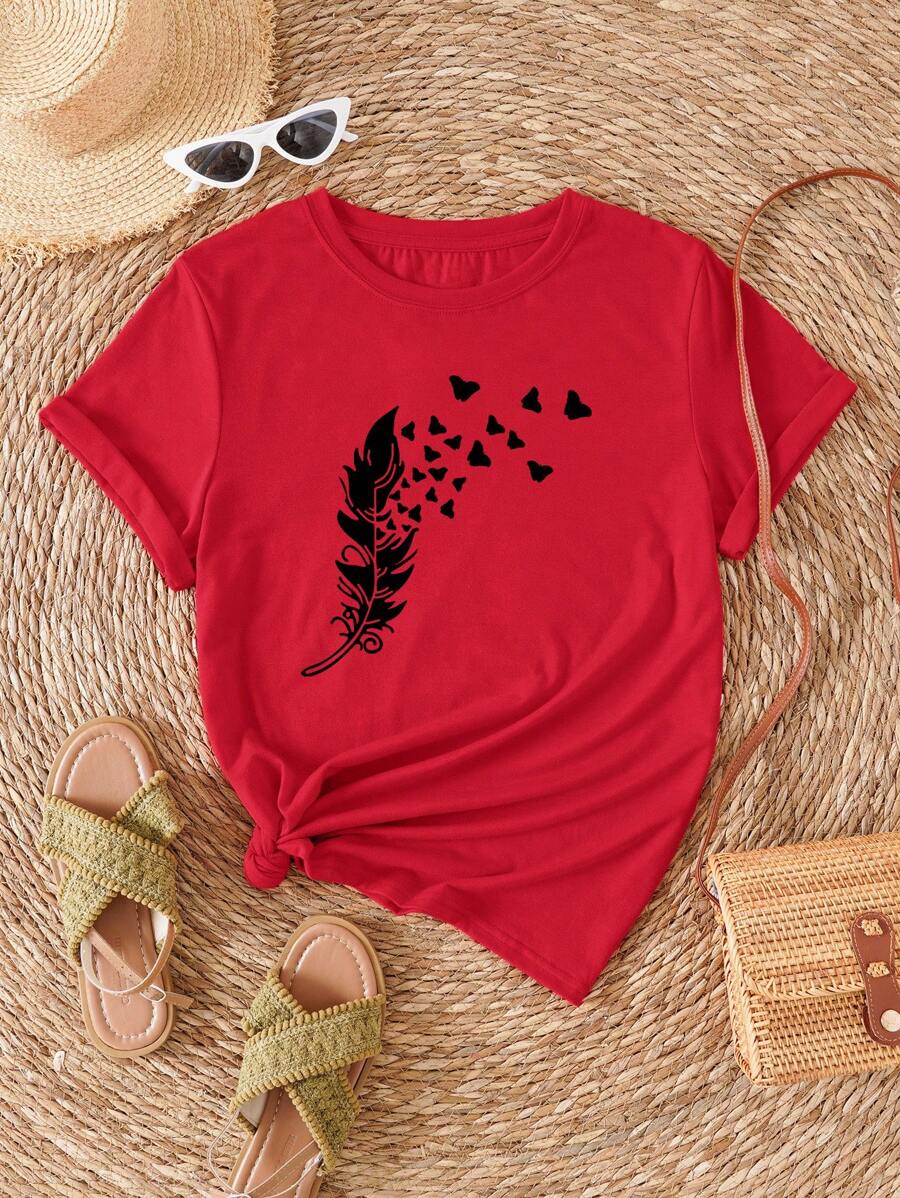 SHEIN LUNE Butterfly & Feather Print Tee - Red - View 1