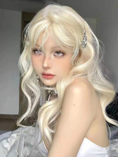 1pc 30 Inches Long Synthetic Heat-resistant Hairpiece In Light Golden Beige White Curly Wig With Curly Bangs, Suitable For Daily Use, Made From Fiber, Natural And Realistic Hairpiece.