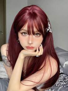 1pc Heat-resistant Synthetic Fiber Rose Red Long Straight Hair Extension, 26 Inches, Natural Looking, Suitable For Daily Wear - Rose Red - View 1