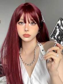 1pc Heat-resistant Synthetic Fiber Rose Red Long Straight Hair Extension, 26 Inches, Natural Looking, Suitable For Daily Wear - Rose Red - View 4