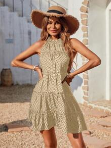 SHEIN VCAY Polka Dot Print Ruffle Hem Halter Dress - Apricot - View 1