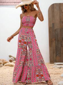 SHEIN VCAY Floral Print Tube Top & Wide Leg Pants - Multicolor - View 1