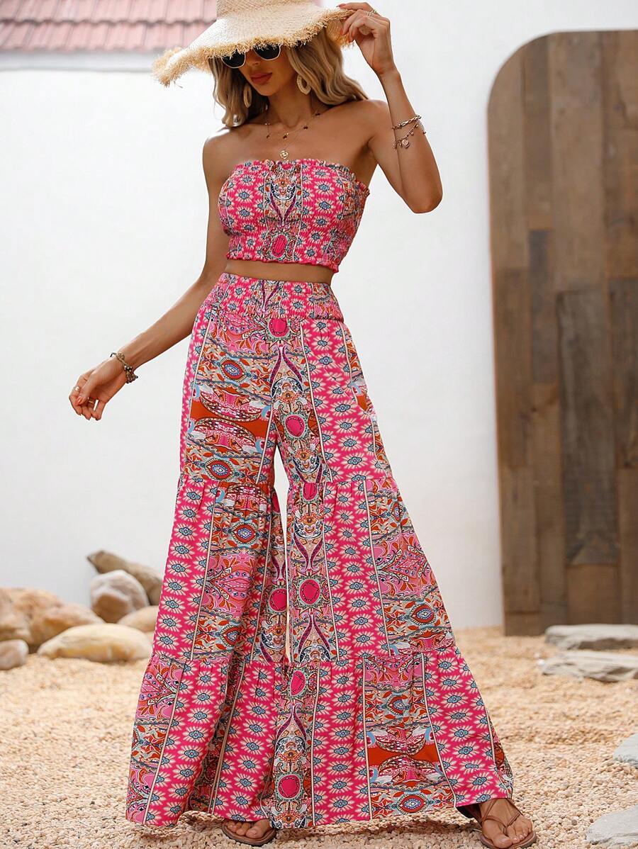 SHEIN VCAY Floral Print Tube Top & Wide Leg Pants - Multicolor - View 1