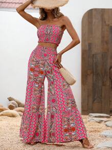 SHEIN VCAY Floral Print Tube Top & Wide Leg Pants - Multicolor - View 4