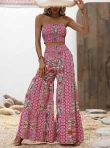 SHEIN VCAY Floral Print Tube Top & Wide Leg Pants - Multicolor - View 5