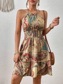 SHEIN LUNE 佩斯利印花荷葉邊掛脖連衣裙 - 彩色 - 查看 3