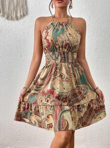 SHEIN LUNE 佩斯利印花荷葉邊掛脖連衣裙 - 彩色 - 查看 4