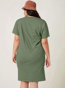 SHEIN BASICS 大碼素色下擺開叉T恤連衣裙 - 軍綠色 - 查看 2