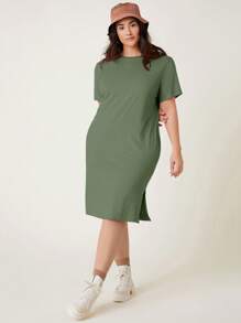 SHEIN BASICS 大碼素色下擺開叉T恤連衣裙 - 軍綠色 - 查看 4