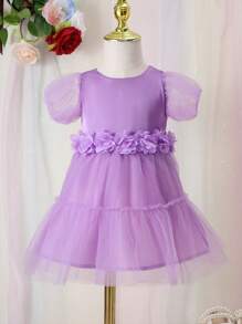 Baby Flower Appliques Contrast Mesh Puff Sleeve Ruffle Hem Dress